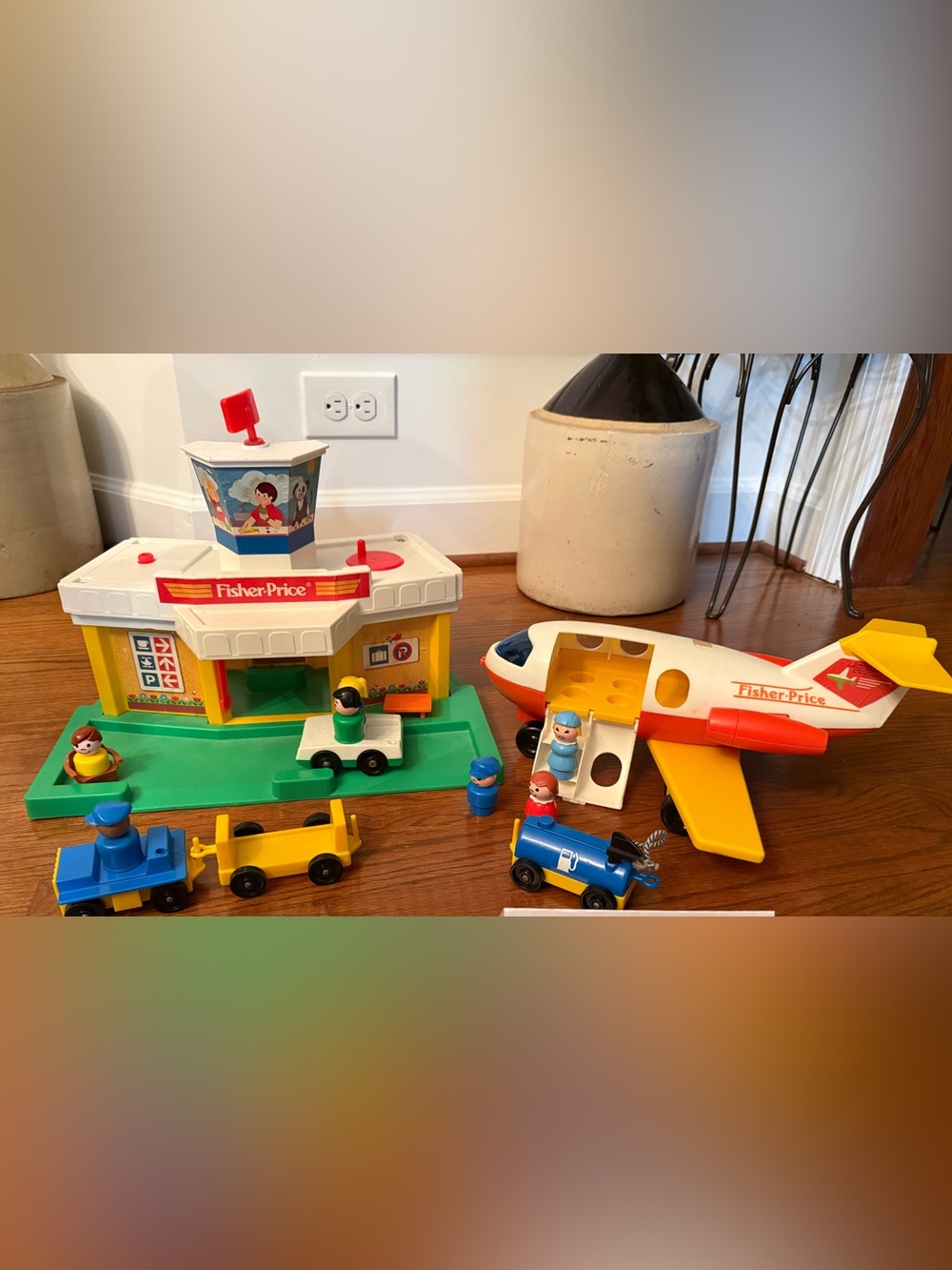 Vintage Fisher Price Little People Airport Jet Plane Luggage Cart Fuel Truck Lot